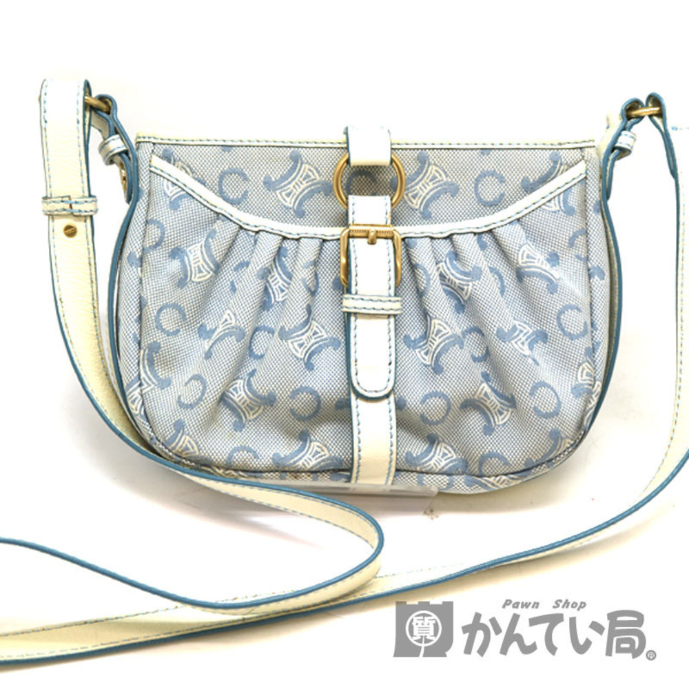 CELINE shoulder bag leather canvas white blue tones
